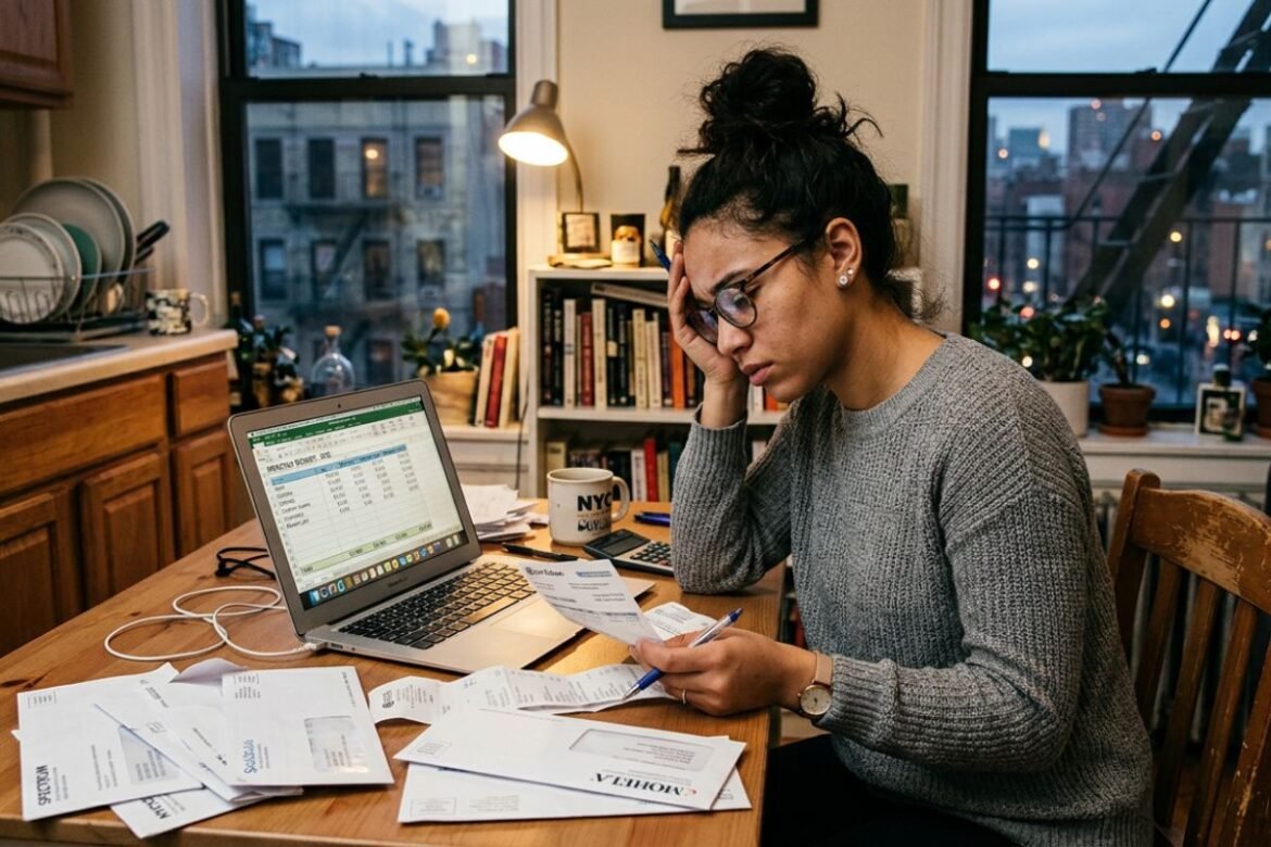 Young professional in a small New York City apartment reviewing bills and a budget spreadsheet, highlighting the NYC affordability crisis in 2026