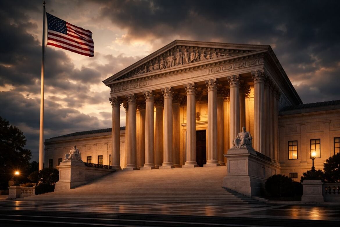 U.S. Supreme Court building with dramatic lighting and American flag, symbolizing constitutional decision, realistic, cinematic