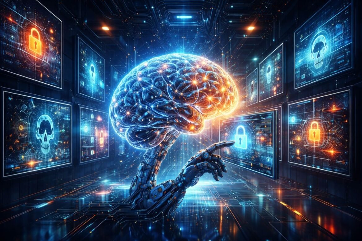 AI-powered cyber attack targeting digital systems, highlighting cybersecurity threats in 2026
