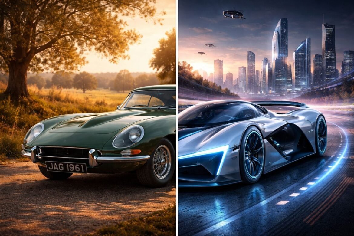Concept image showing transition from classic engine to modern electric racing technology
