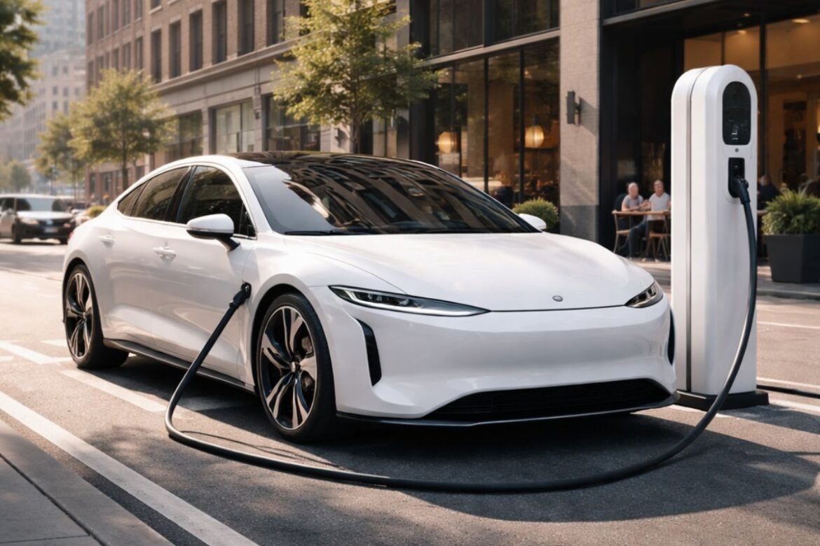 Electric car charging in urban city representing shift from gas vehicles in 2026